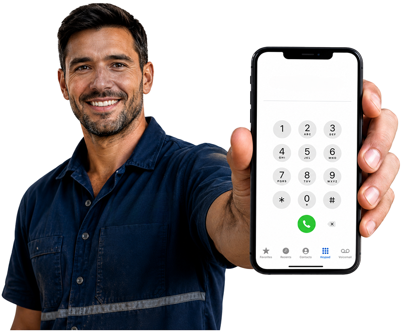 Five Dock Blocked Drains plumber holding a phone — call 1300 261 965