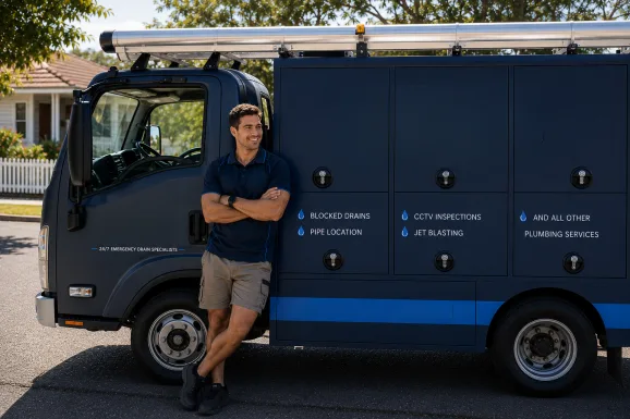 Plumber standing beside a service van in Five Dock