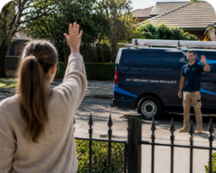 Customer waving goodbye to a Five Dock Blocked Drains plumber